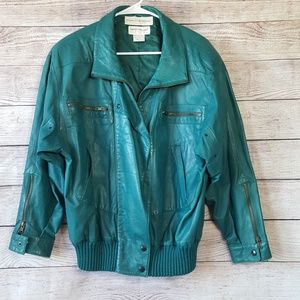 Nancy Heller Leather VINTAGE Teal Bomber Jacket